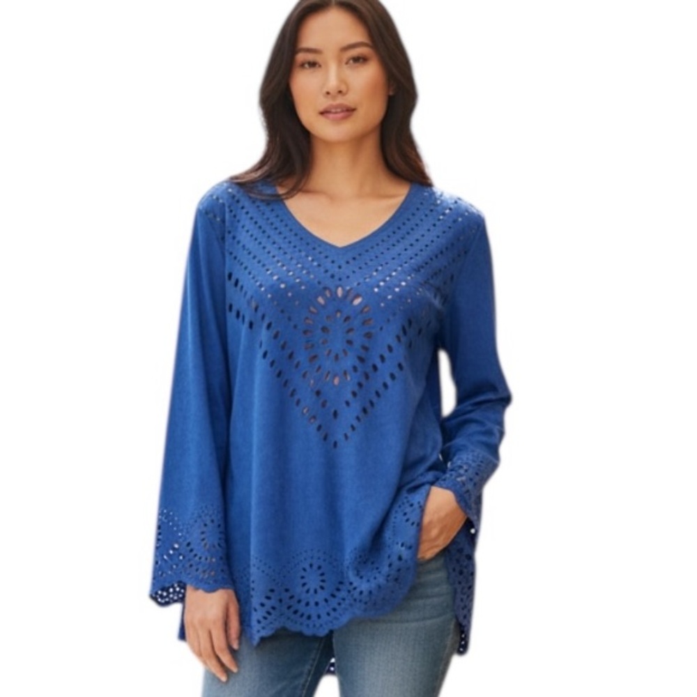 ALBERTO MAKALI NY V-Neck LASER CUT OUT PATTERN LONG SLEEVE BLOUSE TOP L